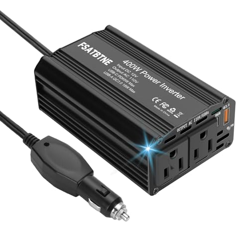 400W Power Inverter, FSATBTNE DC 12V to 110V AC Car Plug Adapter Outlet Converter with [65W PD USB-C] & [18W QC USB-A] Fast Charging Ports and 2 AC Outlets Car Power Inverters for Vehicles Black - color: Black