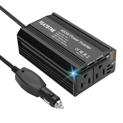 400W Power Inverter, FSATBTNE DC 12V to 110V AC Car Plug Adapter Outlet Converter with [65W PD USB-C] & [18W QC USB-A] Fast Charging Ports and 2 AC Outlets Car Power Inverters for Vehicles Black - color: Black