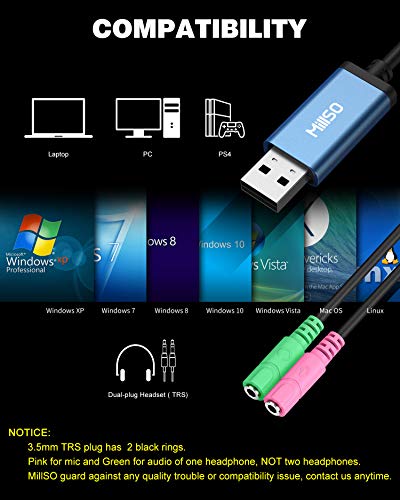 MillSO USB Audio Adapter Stereo External Sound Card, USB to 3.5mm TRS Headphone + Microphone Audio Jack Splitter for Dual-Plug Gaming Headset to Laptop, Desktop, PC, PS4, PS5 [Built_in Chip - 1 FT] - color: USB to 2 x 3.5mm TRS Headset Splitter