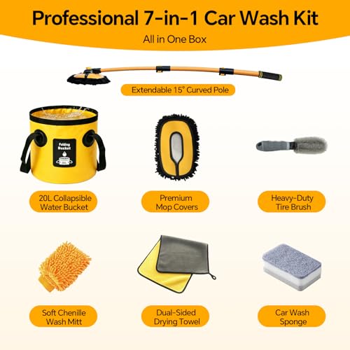 7 in 1 Car Wash Kit with 20L Folding Bucket & Brush, Extendable Car Wash Brush with 40.5" Long Handle, 15° Curved Aluminum Pole, Scratch-Free Microfiber Chenille Mop for SUV Truck RV, Yellow - color: Yellow