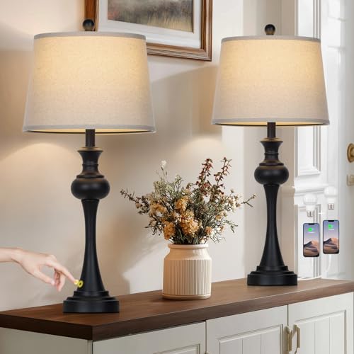 CINSARY Black Table Lamps Set of 2, 29" Bedside Lamps with USB C+A - color: Black-set of 2