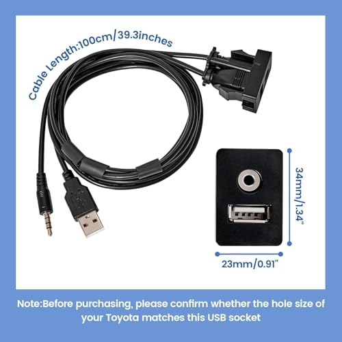 Anina USB AUX Flush Mount for Toyota, 1M Male to Female Car Dash 3.5mm AUX Extension Cable, Square Port USB Panel Mount Socket Adapter, 12V-30V Panel Mounting Cable for Audio Output & Charging