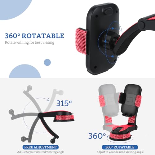 Bling Car Phone Mount, Dashboard&Windshield Universal Car Mount Phon e Holder,Cell Phone Navigation Holder with Suction Cup Base and Telescopic Arm, Red - color: Red