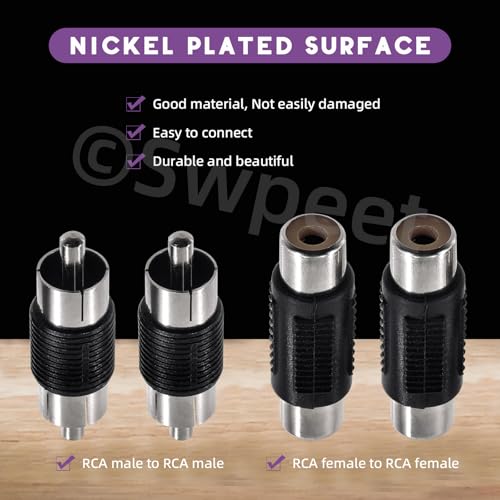 Swpeet 15Pcs Nickel Plated RCA Female to Female Coupler and 15Pcs RCA Male to Male Coupler Kit, RCA Audio Video Adapter, RCA Cable Extension Connector, RCA Adapter for Speaker, RCA Cable, Amplifier