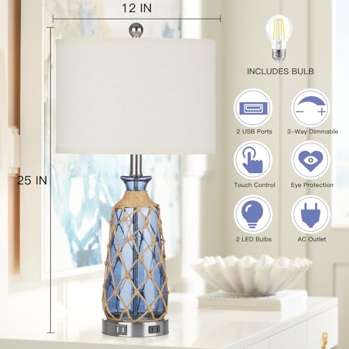 Ruzectt Coastal Glass Table Lamps, 3-Way Dimmable Touch Control Bedside Lamps with 2 USB Ports and AC Outlet, Blue Nautical Nightstand Lamps for Bedroom Living Room (LED Bulbs Included) - color: Blue 1P