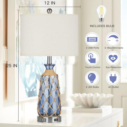 Ruzectt Coastal Glass Table Lamps, 3-Way Dimmable Touch Control Bedside Lamps with 2 USB Ports and AC Outlet, Blue Nautical Nightstand Lamps for Bedroom Living Room (LED Bulbs Included) - color: Blue 1P