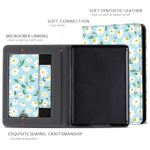 CoBak Case for 6" E-Reader - PU Leather Smart Cover with Auto Sleep/Wake & Hand Strap, not Compatible with Kobo Clara,Blue Daisy - color: Blue Daisy