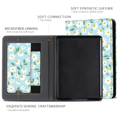 CoBak Case for 6" E-Reader - PU Leather Smart Cover with Auto Sleep/Wake & Hand Strap, not Compatible with Kobo Clara,Blue Daisy - color: Blue Daisy