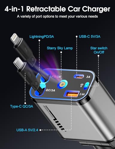 Retractable Car Charger 120W Fast Charging with Starlight,4 in 1 Universal Car Phone Charger,Built-in Type-C & Applehead Cable,Car Road Trip Retractable Accessory for iPhone,IPad,Samsung Galaxy,Pixel
