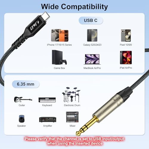 J&D USB C to 6.35 mm TRS Stereo Audio Cable, 2 in 1 Cord with Switch Button, Supports Recording and Playback, Compatible with iPhone 15/16, MacBook, iPad, Black, 6.6 Feet