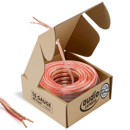 Audio Express 40ft 16-Gauge Stereo Speaker Wire, 12.19m, 2 Conductor, Polarity Marked, Clear PVC, CCA, Coil in Box, HiFi, Home Theater, HiFi, Surround, Car Audio, 74 High Strand Count (.15 OD)