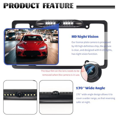 License Plate Backup Camera,170° Wide Angle License Plate Camera with LED HD Night Vision Design,Water Resistant Back up Cameras for Cars for US Licenses Plates,Cars,SUVs