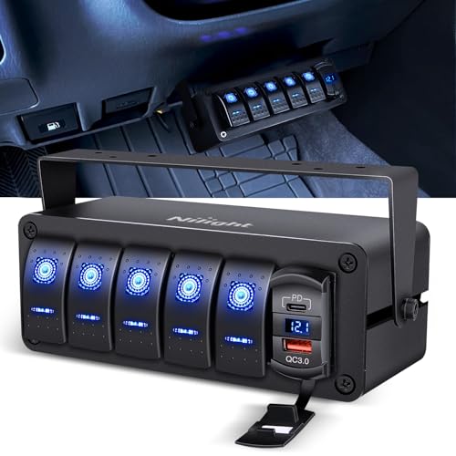 Nilight 5 Gang Rocker Switch Box Toggle w/Voltmeter PD Type C & USB Socket - color: Blue+Box, size: 6 Gang Type C +USB