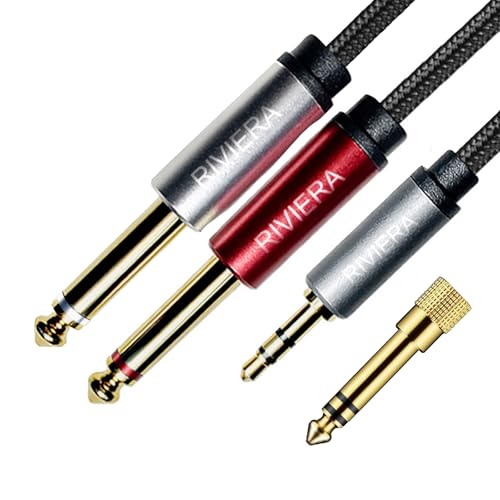 RIVIERA 10FT/3.0M Audio Cable 3.5mm 1/8" TRS to Dual 6.35mm 1/4" TS Braided Sheilded Copper Wire and 24K Gold Plated Low Noise with Braided Nylon Jacket for Digital Players & Musical Instruments - color: 1/8 TRS-Dual 1/4 TS Black, size: 10FT/3.0M