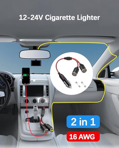 Car Cigarette Lighter Splitter Adapter 2 Sockets, Multi Plug Outlet Extension Cord 12V-24V Dual Female Socket Automotive Replacement Cigarette Lighter 2-Way Splitter Y-Adapter with 15A Fuse