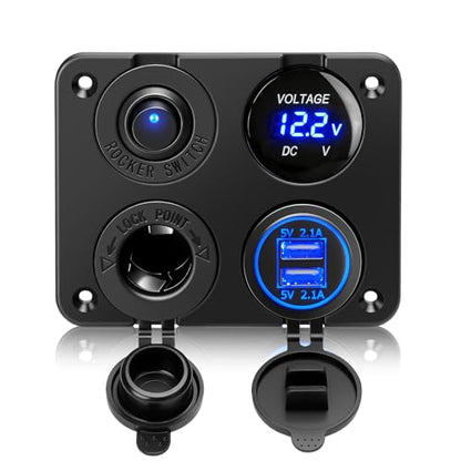 Linkstyle 4 in 1 Car Charger Panel, 4.2A Dual USB A Charger Port, Cigarette Lighter Socket with LED Voltmeter & Rocker Switch for 12V/24V Marine Boat RV Truck - color: 4 in 1 Charger Socket Panel