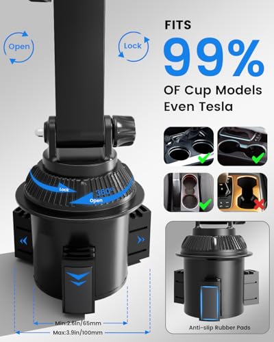 OHLPRO Car Cup Holder Tablet Mount for Truck & SUV, Heavy Duty iPad Holder for Car with Thick Case Friendly Deep Claws, 2.6-3.9" Expandable Base & Adjustable Extension Arm, Fits 5-17" Devices, Black