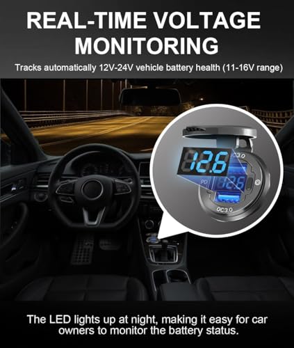 2PCS 78W 3Ports 12V USB Outlet with Voltmeter & Switch - PD3.0 & Dual QC3.0 Quick Charge Car Charger Socket, Aluminum Waterproof USB C Port for Boat Marine Motorcycle RV Truck ATV Golf Cart