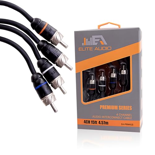 Elite Audio Premium Series 15ft. 4-Channel Car Audio RCA Cable – Double Shielded, Oxygen Free Copper, Noise Reducing Audio Cable for Amplifiers, Subwoofers, Speakers, and Processors – PRM415 - size: 15' (ft), style: 4-Channel