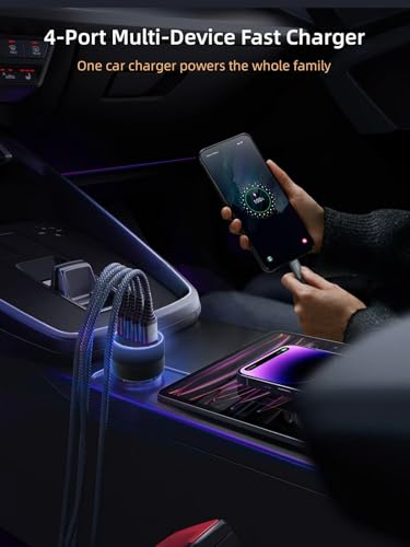 [4 in 1] USB C Car Charger 90W Max Super Fast Charging Adapter,4-Port PD PPS Car Charger Dual USB-C (30W+15W) & Dual 22.5W USB-A Ports for iPhone17/16/15/14, Samsung Galaxy,iPad,Laptop