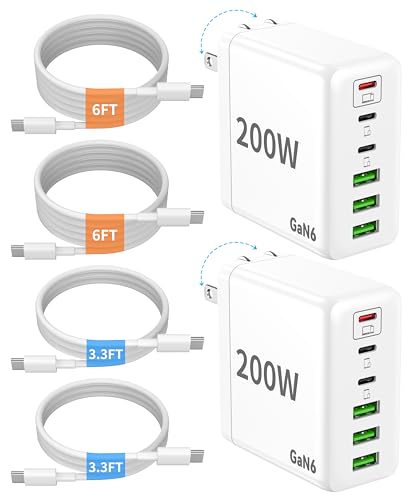 2 Pack USB C Charger Block 200W 6 Port GaN Super Fast Type C Charger - color: White