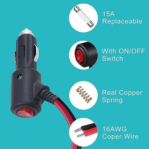 12V Cigarette Lighter Plug with On Off Switch - 6FT 16AWG Fused 15amp Male Plug Cigarette Lighter Replacement with Led Lights,12V Cigarette Lighter with Lead for Car Cooler,Cb Radio, Air Compressor - size: 6FT