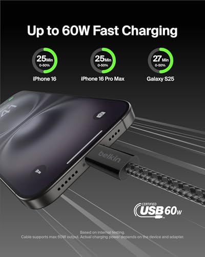 Belkin USB C to USB C 60W Braided Cable 2 Pack, 3.3ft iPhone Charger Cord - color: Black, style: 3.3 ft - 2 pack
