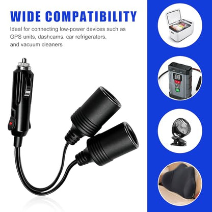 12V Car Cigarette Lighter Splitter, 1 to 2 Double Auto DC Power Supply Extension Cord with 10A Fuse, 18AWG Dual Cigarette Lighter Adapter for Cars Trucks SUVs Boats