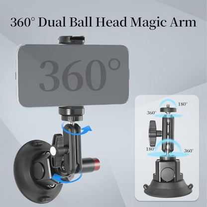 CNC Machined 3in Camera Suction Cup Mount with Adjustable Magic Arm, 1/4" ARRI Holes Quick Release Car Mount with Phone Holder & Action Camera Adapter Compatible with DJI OSMO Pocket 3 Insta360 iPhone - style: 3in