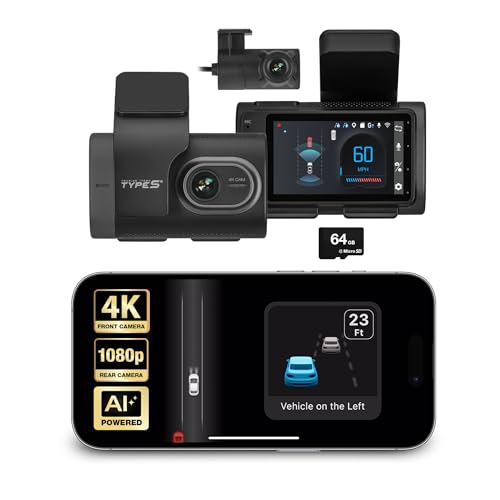 Type S T400 AI-Powered Driver Assistance 4K Dash Cam with ADAS, Collision Warnings, Lane and Pedestrian Detection, Vehicle Departure Reminders, Front Rear Smart Incident Video Surveillance, SD Card - style: 4K