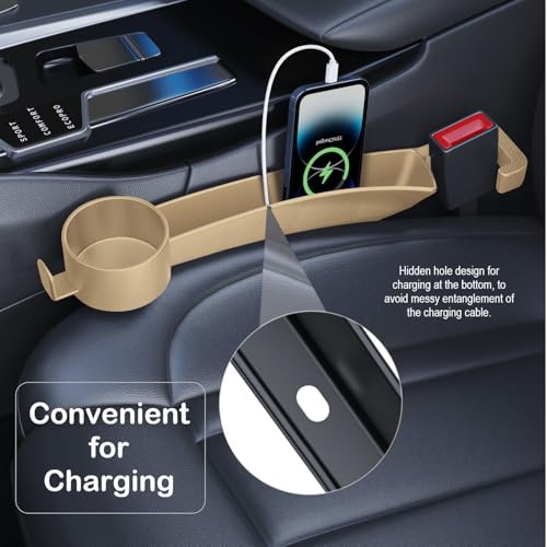Car Seat Gap Plug with Storage Slot, Auto Gap Filler Organizer with Cup Holder, Universal Carseat Side Gap Filler Strip 2 Pack Between Front Seats & Console, Anti-Drop Pad with Seatbelt Holes, Beige - color: Beige, Cup Holder & Hook