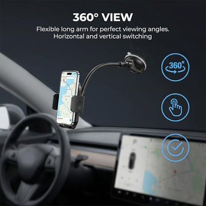 Car Windshield Phone Holder, 14" Gooseneck Strong Suction Cup Dashboard Air Vent Mobile Phone Stand, Hands-Free Auto Interior Dash Window Cellphone Mount, Fits Most 7" Devices (Black) - color: Black