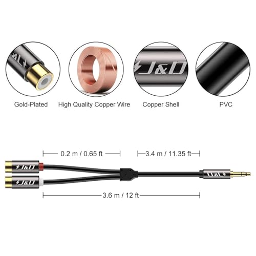 J&D RCA to 3.5mm Cable, 1/8 inch 3.5mm Auxiliary Male to 2RCA Female Stereo Audio Cord Gold Plated Aux Y Splitter for Smartphone, Tablet, MP3, Computer, Speaker, 12 Feet - size: 12 Feet