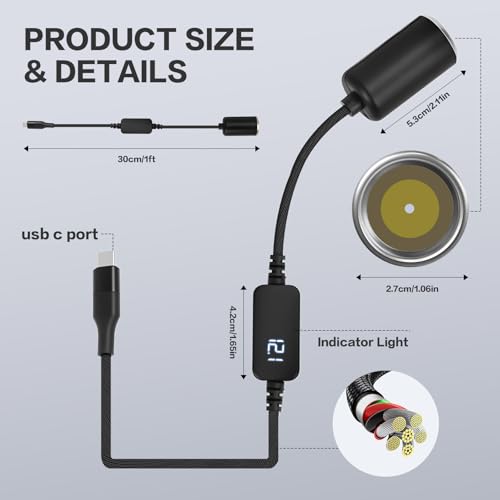USB-C to 12V Cigarette Lighter Adapter, Car Charger