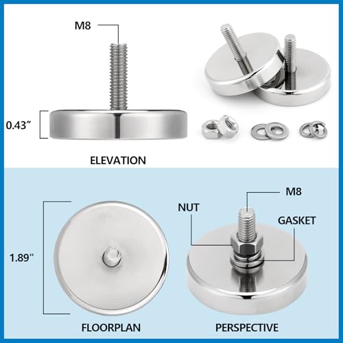 Flutesan 16pc Strong Round Mounting Magnet with Bolt, 1.89"-200lb-M8 Silver - color: Silver, size: 1.89in-240lb-m8