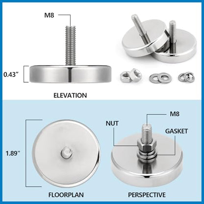 Flutesan 16pc Strong Round Mounting Magnet with Bolt, 1.89"-200lb-M8 Silver - color: Silver, size: 1.89in-240lb-m8