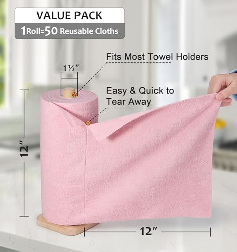 UPSTAR Microfiber Cleaning Cloth, Reusable Paper Towels Rolls, 50 Packs 12x12 inch Cleaning Rags for Washing Dishes, Kitchen, Bathroom, Car, Pink - color: Pink