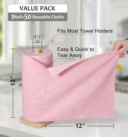 UPSTAR Microfiber Cleaning Cloth, Reusable Paper Towels Rolls, 50 Packs 12x12 inch Cleaning Rags for Washing Dishes, Kitchen, Bathroom, Car, Pink - color: Pink