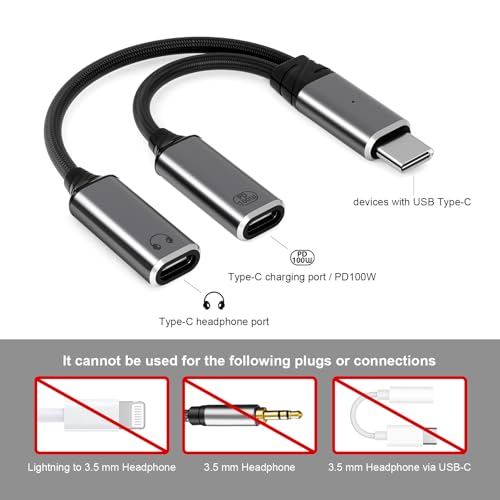 USB C Splitter，2 in 1 USB C Headphone and Charger Adapter Audio Dongle Cable with PD 100W for iPhone 16 15 Pro Max, Pixel 9 8 7, Galaxy S24 S23 S22, iPad Pro