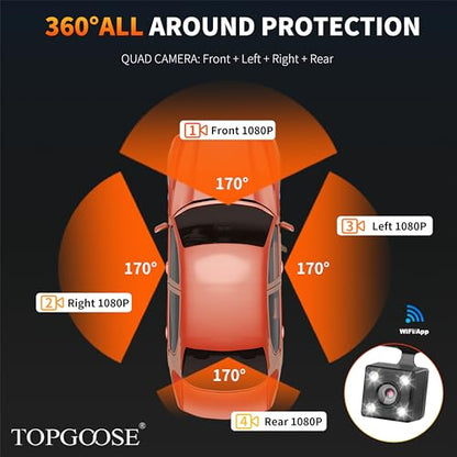 4 Channel Dash Cam 360° View, TOPGOOSE 2K FHD Front and Rear Inside, Left Right Dash Camera for Cars, 5G WiFi & APP Control, with 64GB SD Card, G-Sensor, 8 IR Lamps Night Vision (3.17 inches) - size: 3.17 inches