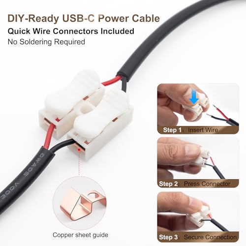 USB-C Power Pigtail to Bare Wire 20AWG 5V 5A Cable 1M 3.3FT 2 Pack