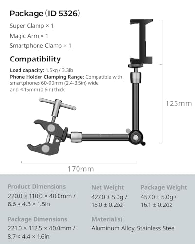 SMALLRIG Magic Arm Clamp w/ 1/4 and 3/8 Thread Holes, 9.8 Inches Adjustable - size: 9.8''+phone clamp