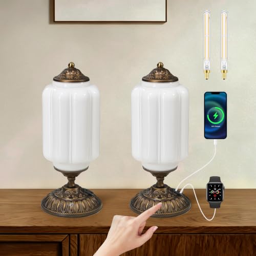 14" Milk Glass Touch Table Lamps Set of 2 with USB C+A Charging Ports - color: White-2Pack