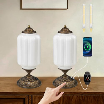 14" Milk Glass Touch Table Lamps Set of 2 with USB C+A Charging Ports - color: White-2Pack