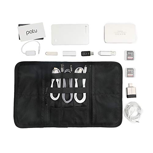 Patu Roll Up Electronics Accessories Travel Gear Organizer Case, Black - Portable Universal External Batteries Hard Drives Cable Management Healthcare Cosmetics Kit Bag - color: Black