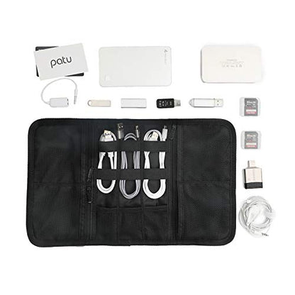 Patu Roll Up Electronics Accessories Travel Gear Organizer Case, Black - Portable Universal External Batteries Hard Drives Cable Management Healthcare Cosmetics Kit Bag - color: Black