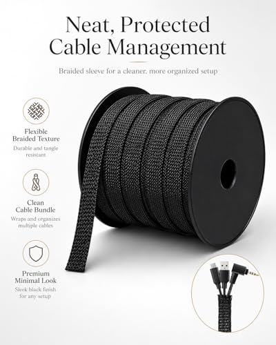 100 Feet - 3/8 Inch Braided Wire Loom PET Cable Loom Expandable Braided Sleeving Wire Sleeve for Automotive，TV, Computer, Home Theater, Black - size: 3/8'' - 100ft