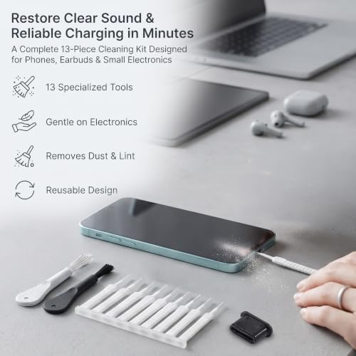 Charging Port Cleaning Kit, Cell Phone Cleaning Kit - 13PCs Phone Charging Port Cleaner - USB C Ports Cleaner Tool - Mini Brushes Cleaners for Speaker, Receiver, Earbuds & Smartphones
