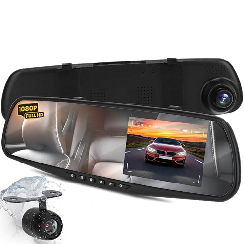 Pyle Dash Cam Rearview Mirror - 4.3” DVR Monitor Rear View Dual Camera Video Recording System in Full HD 1080p w/Built in G-Sensor Motion Detect Parking Control Loop Record Support - PLCMDVR49