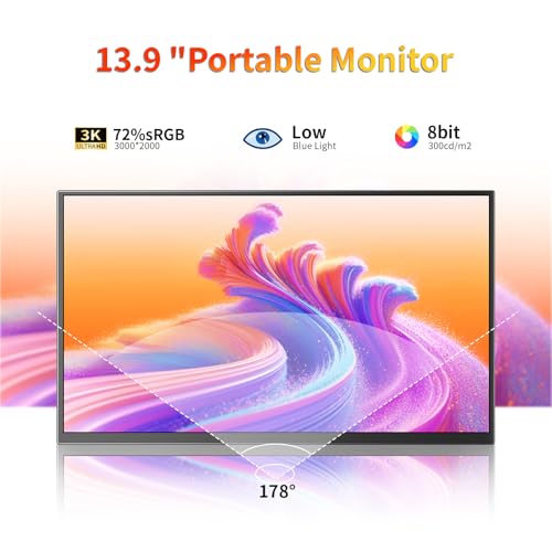 Portable Monitor 13.9" 3K QHD 3072x1920 350 Nits 72% sRGB USB-C HDMI Travel Monitor for Laptop PC PS4, Screen Extender with Kickstand, VESA Mountable - size: 13.9inch 3K